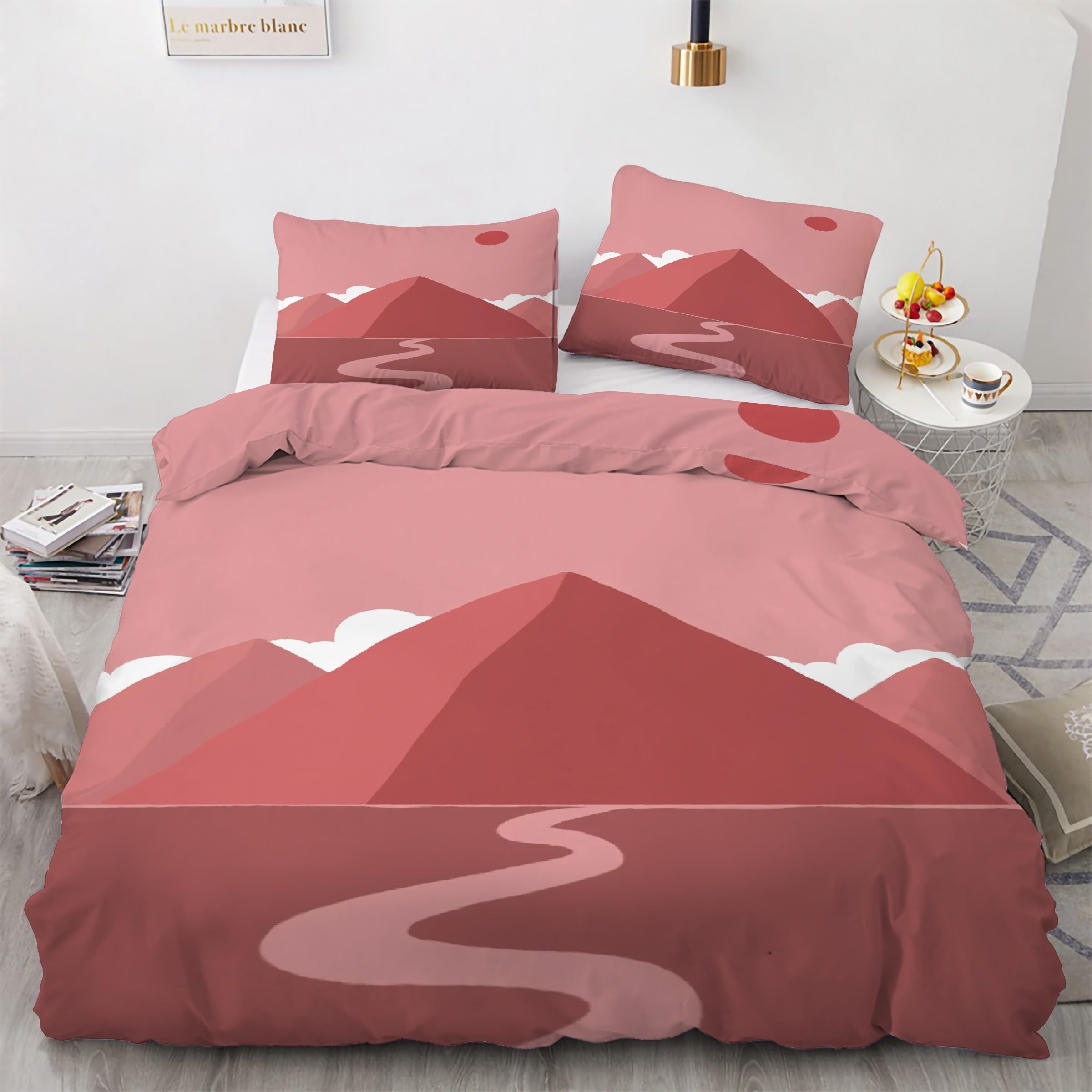 Housse de couette 160x200 montagnes parure de lit rose ensemble de literie 3 pièces