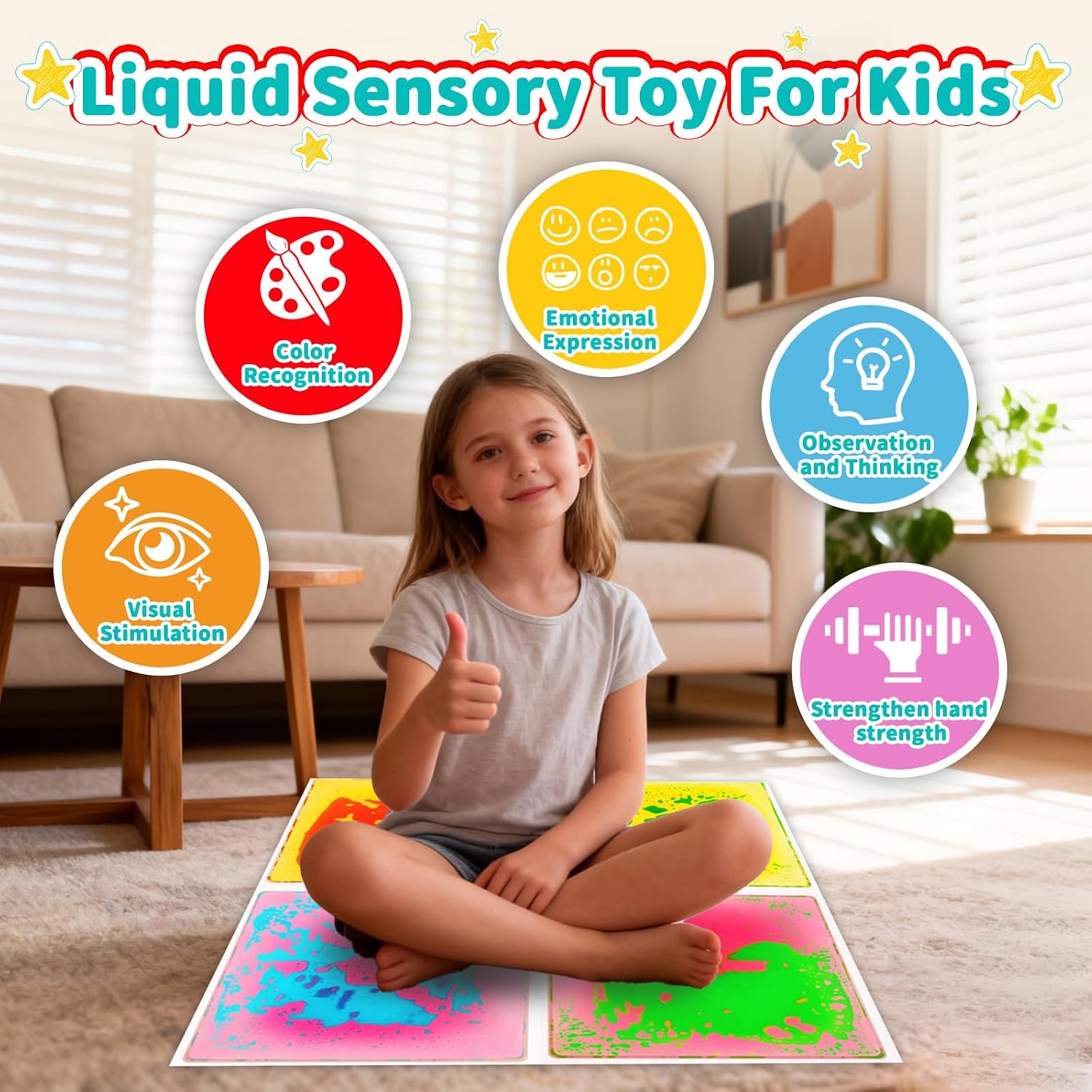 Sensory Floor Tiles for Kids: Liquid Fusion Activity Mat 4 Pack with One-Piece Glue-Free Sealing - Educational Fun Water Play Mats - Autistic Toddler Calming Toys for Indoor Early Learning（12X12inch）