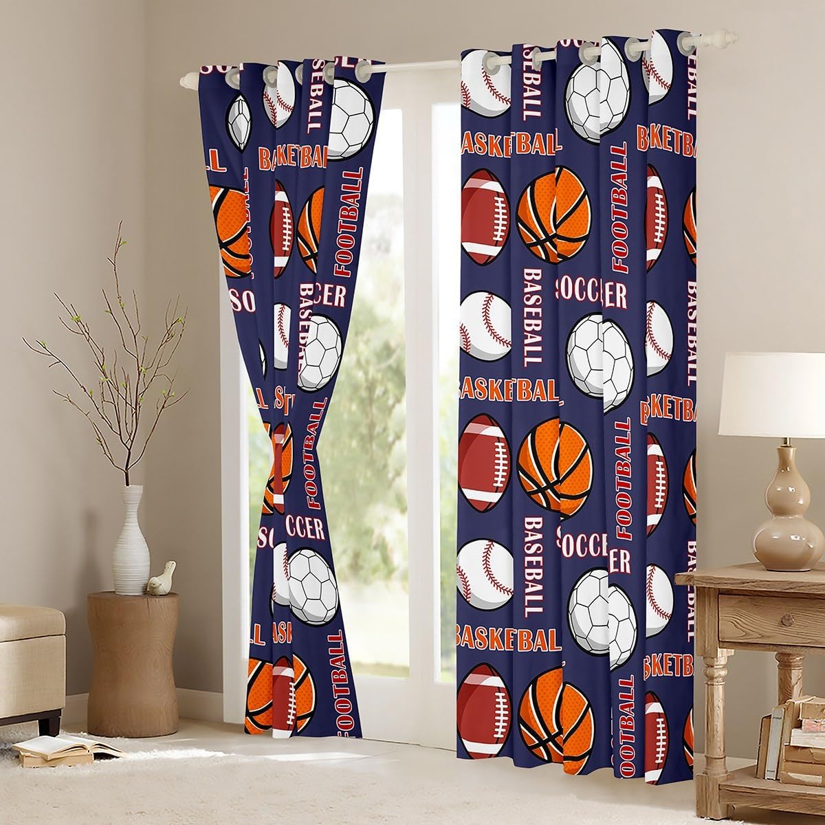 Football Basketball Window Curtains Teens Adult,Different Ball Prints Curtains for Bedroom,Sports Gaming Draperies for Living Room,Soccer Baseball Window Treatment Curtains Set of 2 Panels,52Wx63L