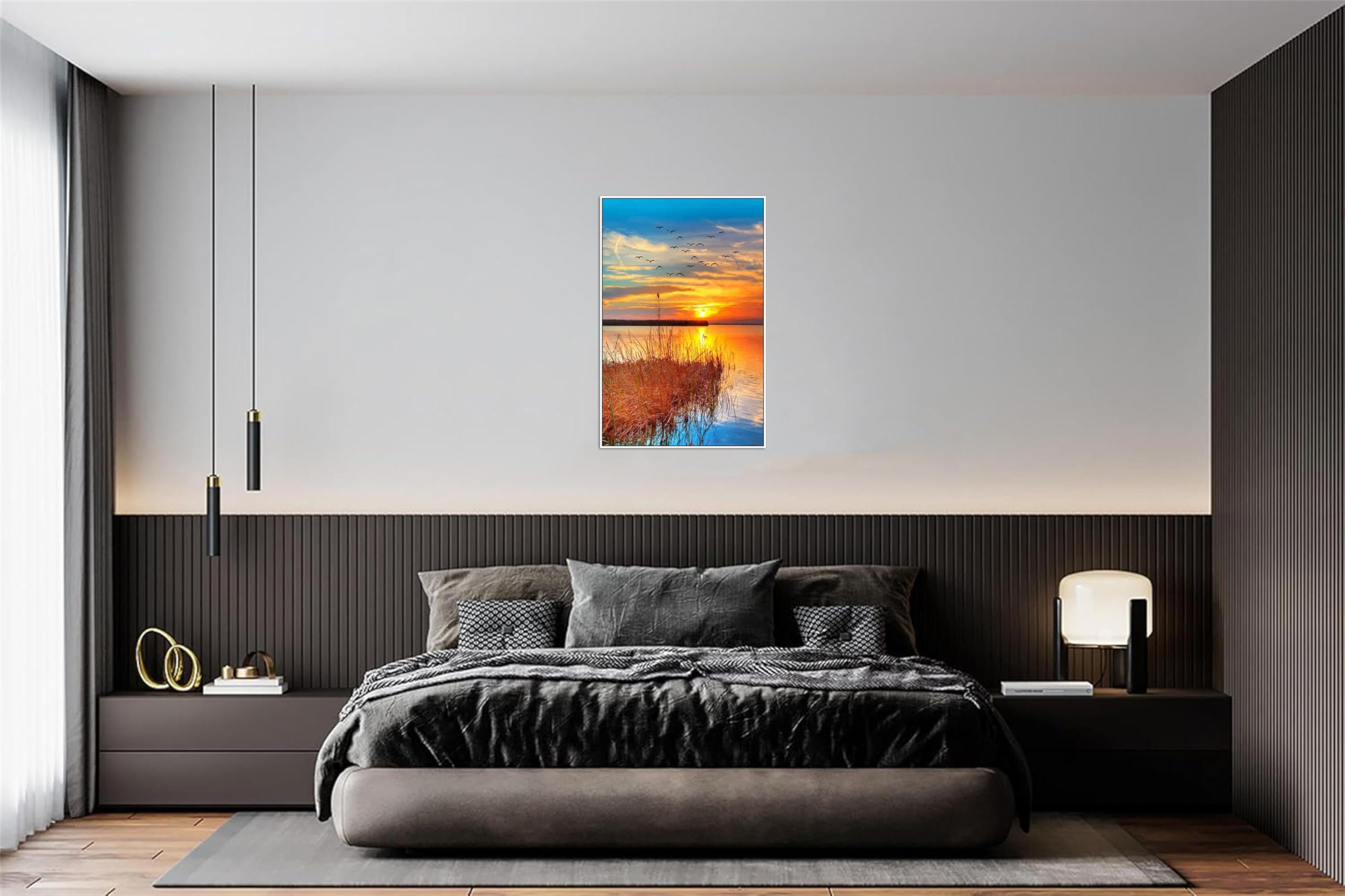 SDYSKKUG Landschaftsbilder. Wolken Sonnenuntergang Meer Gras. Moderne Bild Druck auf Leinwand. Weiß Rahmen Wandbilder für Wohnzimmer Wanddekoration 90x60cm