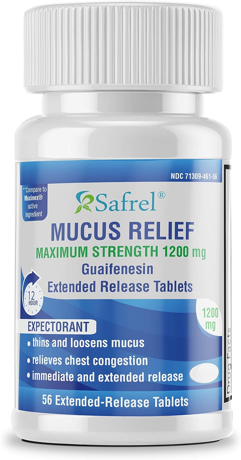 Safrel Mucus Relief Guaifenesin 1200mg | 12 Hr Support (56 Count) Extended-Release Tablets | Thins and Loosens Mucus, Relieves Nasal & Chest Congestion | Cough, Cold, Flu Relief | Mucinex Generic