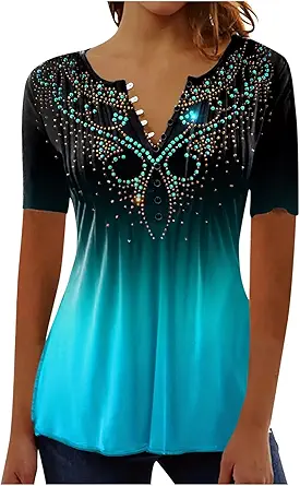 SMIDOW Summer Tops for Women 2024 Trendy Boho Floral Print Tunic Shirts Short Sleeve Button V-Neck T-Shirt Casual Loose Blouse