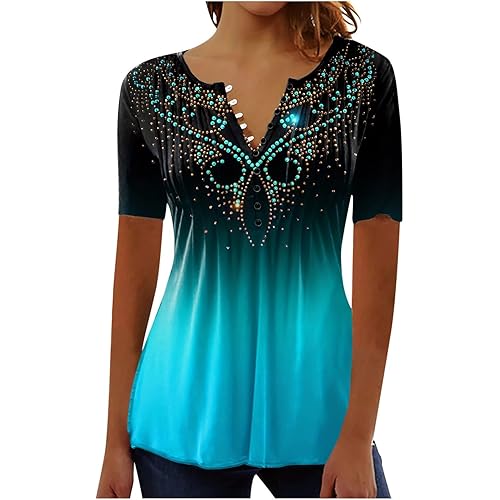 Summer Tops for Women 2025 Trendy Boho Floral Print Tunic Shirts Short Sleeve Button v Neck Tshirt Casual Loose Blouse