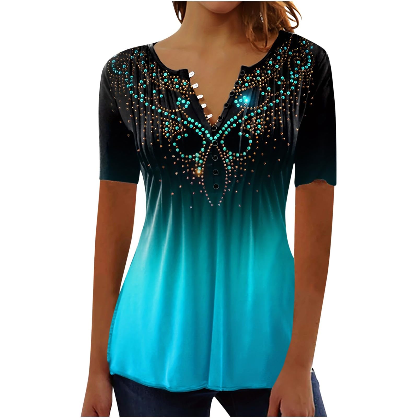 Generic2024 Summer T Shirts for Women UK Short Sleeve Button Up V Neck Tops Trendy Pleated Henley Tunic Shirts Dressy Casual Butterfly Floral Print Blouse Ladies Elegant Going Out Tee