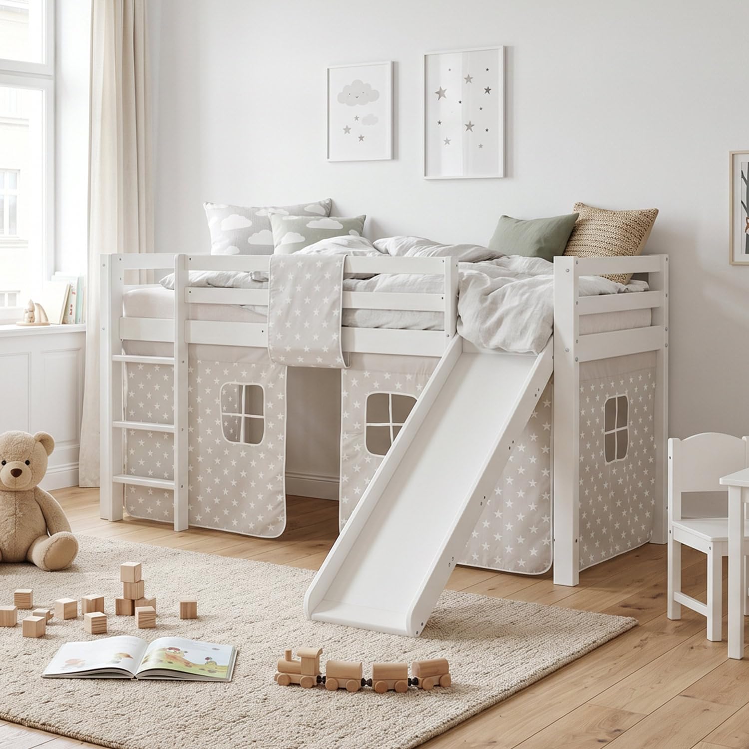 Homestyle4u 1884, Loft Bed White 90x200 Children avec échelle coulissante Rideau étoilé, Bois
