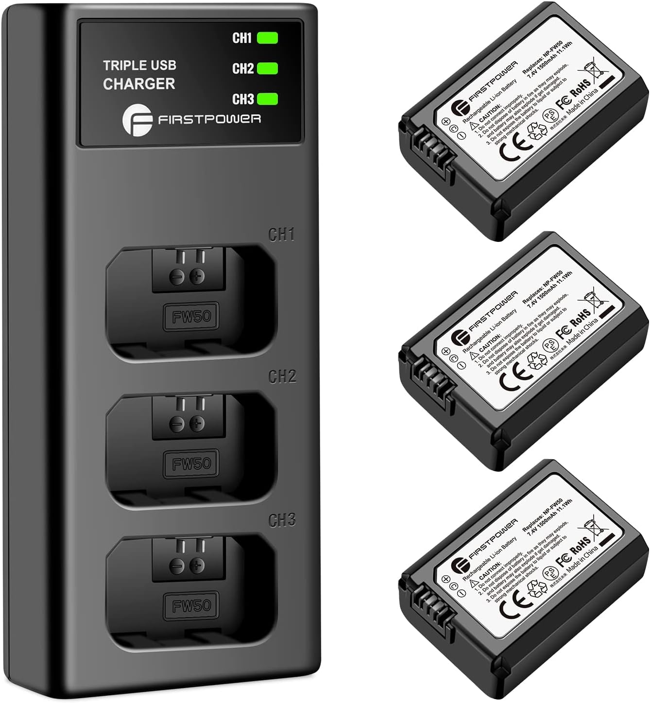 FirstPower NP-FW50 Battery 3-Pack and Triple Slot Charger for Sony A6000 A6300 A6400 A6500 A7 A7II A7RII A7SII A7S A7S2 A7R A7R2 A5100 A5000 RX10 RX10II