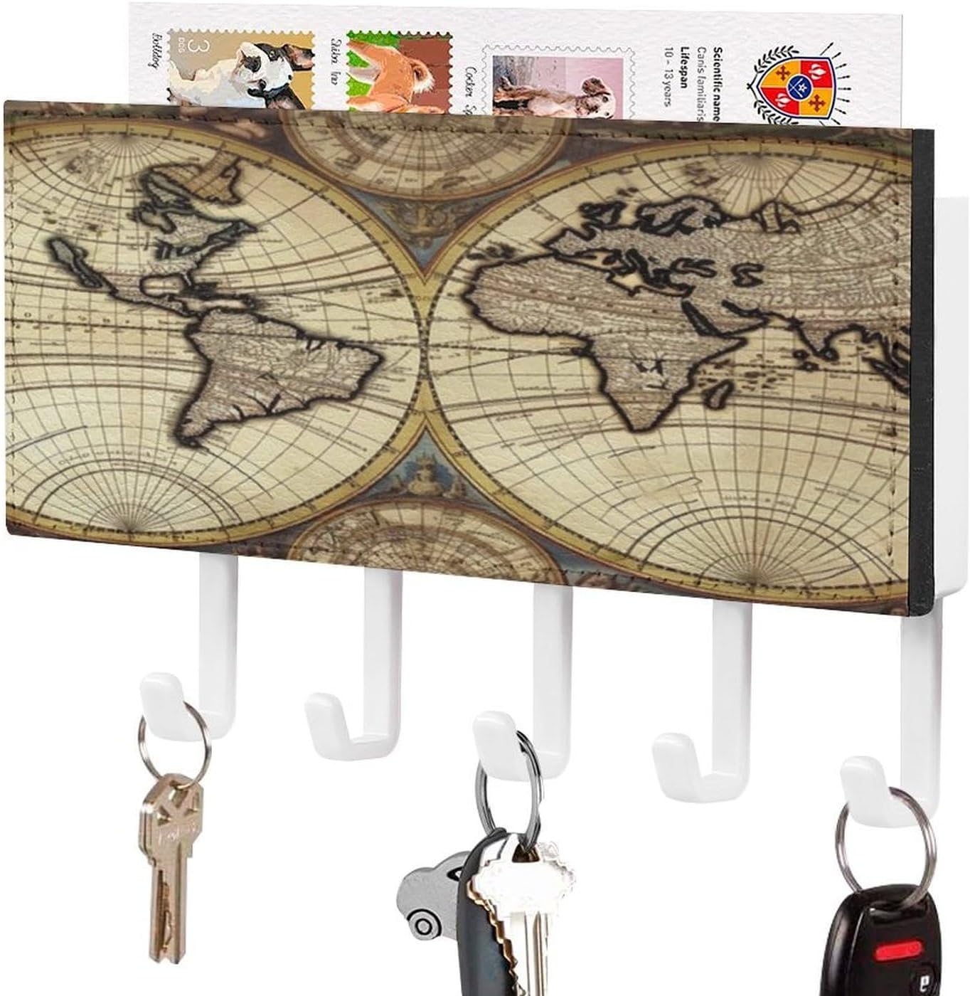 Ancient Map World Globe Key Holder Wall with 5 Hooks Wall-Mounted PU Leather Key Hanger Easy Installation Key Rack for Entryway Front Door Hallway and Home Decor