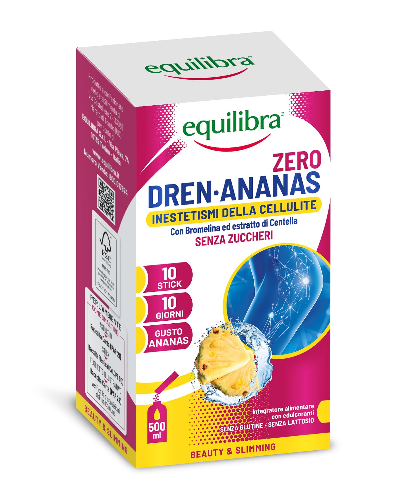 Equilibra Dren Ananas Zero Zuccheri, Integratore con Bromelina, Rutina, Drenaggio dei Liquidi, Pesantezza delle Gambe, Stimolo del Metabolismo, Funzionalità del Microcircolo, Gusto Ananas, 10 Stick