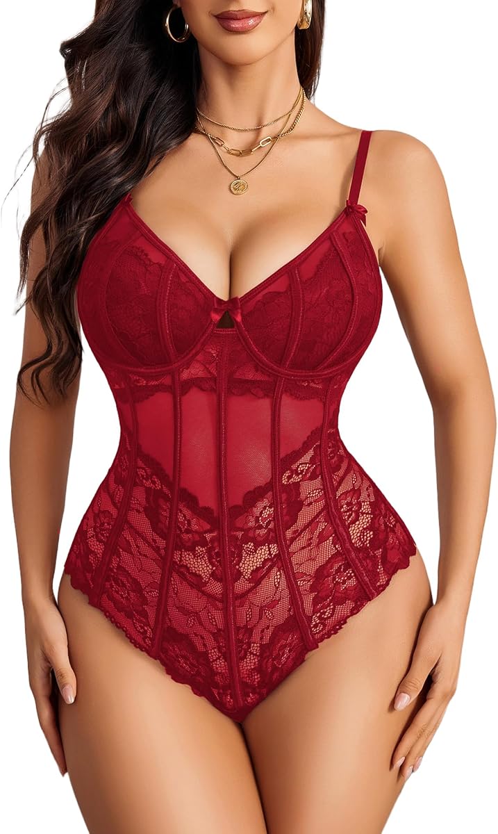 Avidlove Bodysuit for Women Sexy Lace Top One Piece Lingerie V Neck Mesh Tops Going Out Cami Naughty Push Up Body Suit
