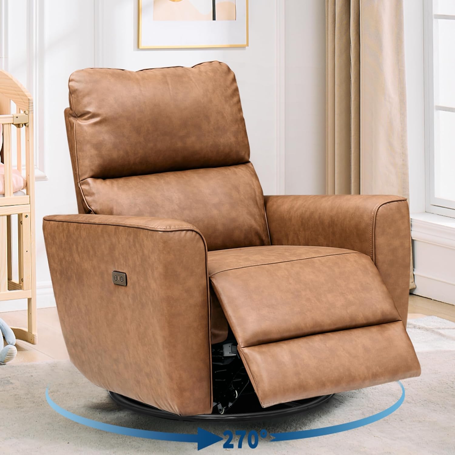 Power Recliner Chair, 270° Swivel Rocking Glider with USB Charging Port, PU Leather Upholstered Fabric, Ergonomic Modern Nursery Chair for Living Room, Bedroom, Nursery (Brown)