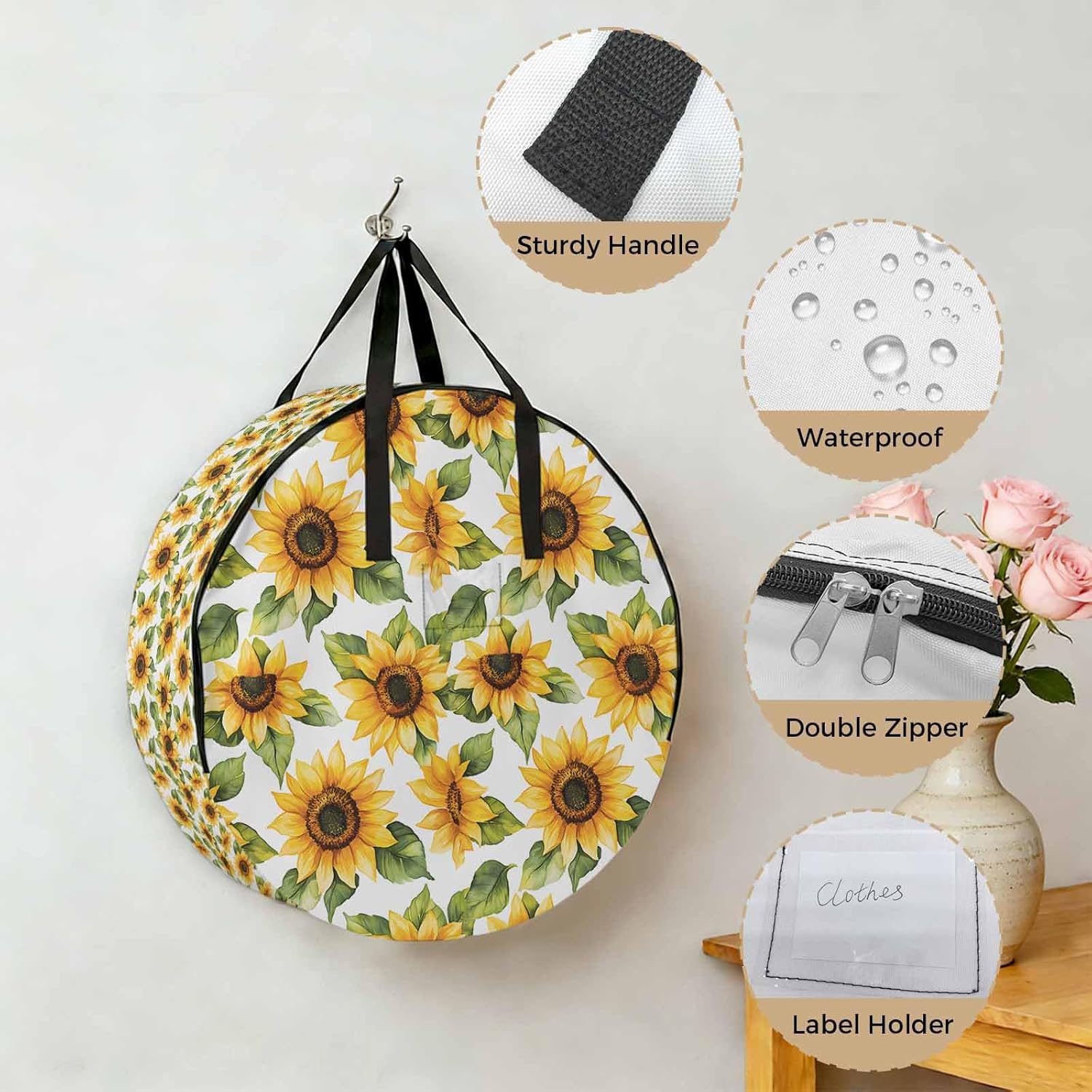 Sunflower Round Storage Bag 36 Inch, Farm Summer Yellow Plant Floral Leaf Country Style Clothes Storage Container with Handles Heavy Duty Organizer for Comforter, Bedding & Holiday Wreaths