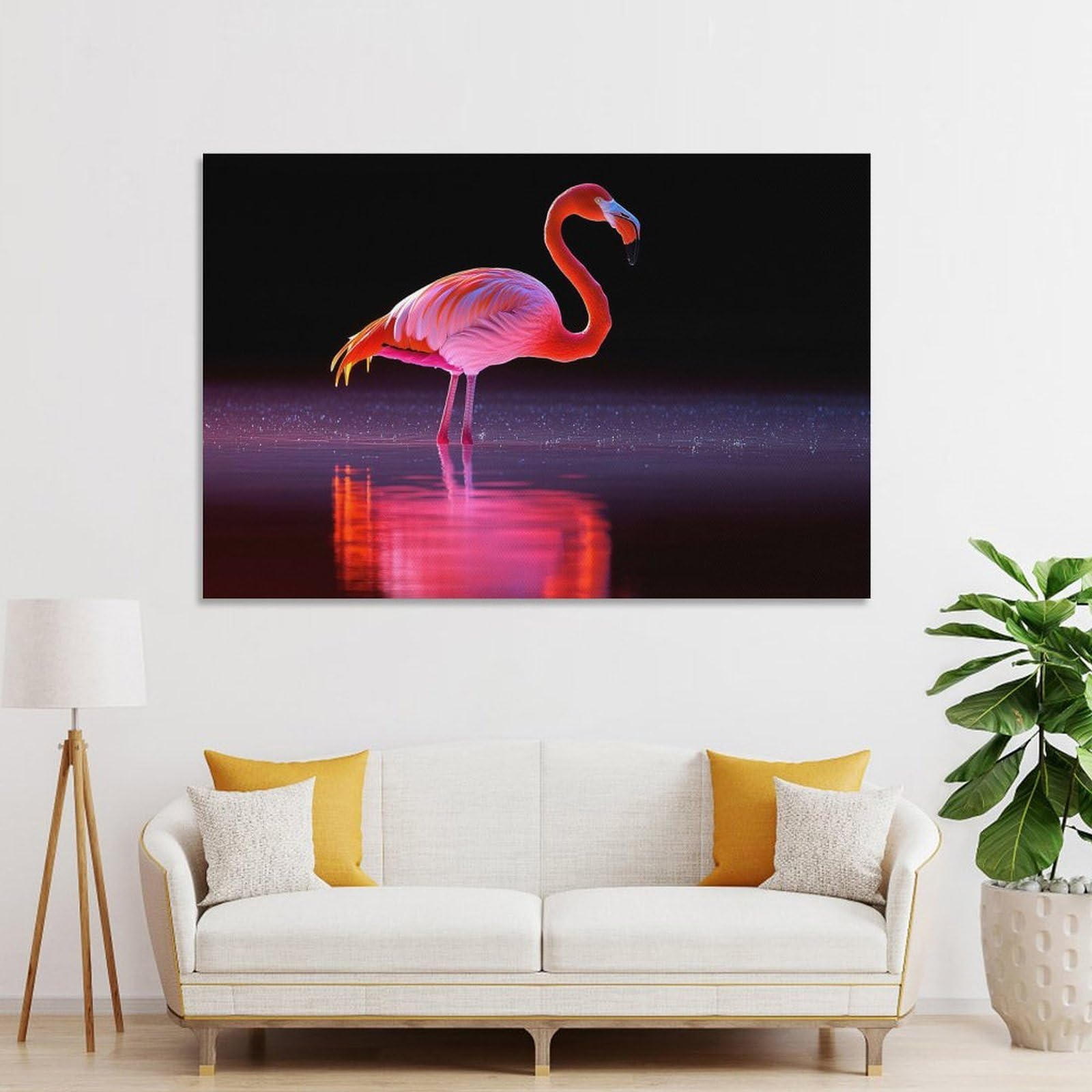 Junmoney Flamingo in Water with Reflection Canvas Wall Art 24x36inch(60x90cm), for Workspace Walls, Study Corners Or Bedrooms, Wall Art That Adds Style to Work Areas