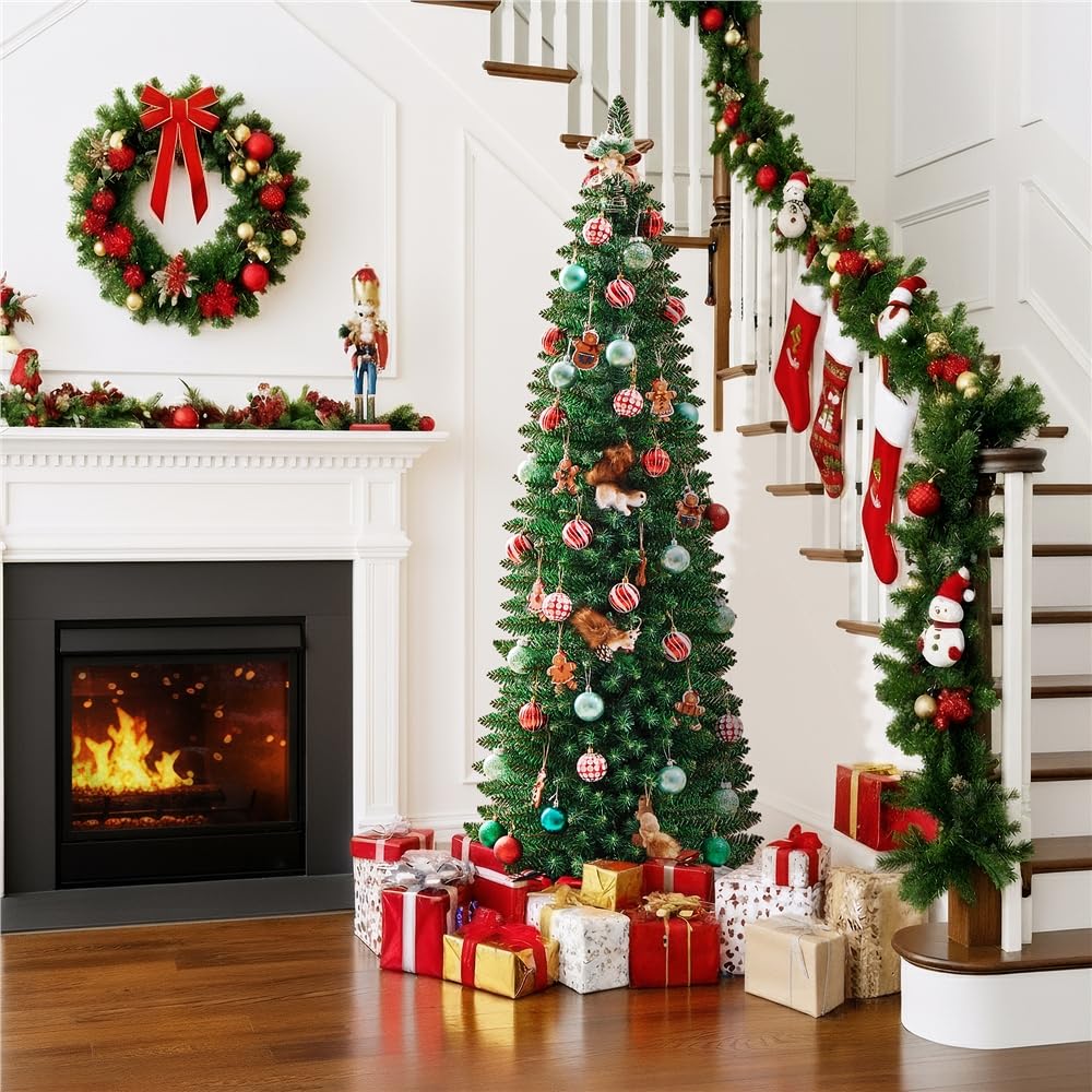 Yaheetech Slim Albero di Natale Artificiale in PVC Alto e Stretto con Base in Plastica Decorazione Natalizia Casa Ufficio 60 × 60 × 183 cm Verde