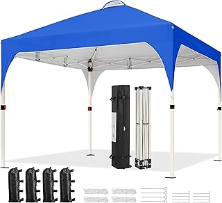 Yaheetech Pop Up Gazebo, 3x3m Instant Foldinng Shelter with Wheeled Bag, 4 Sandbags, 4 Ropes, 8 Stakes, Metal Frame, Adjustable Height, Top Air Vent, Blue
