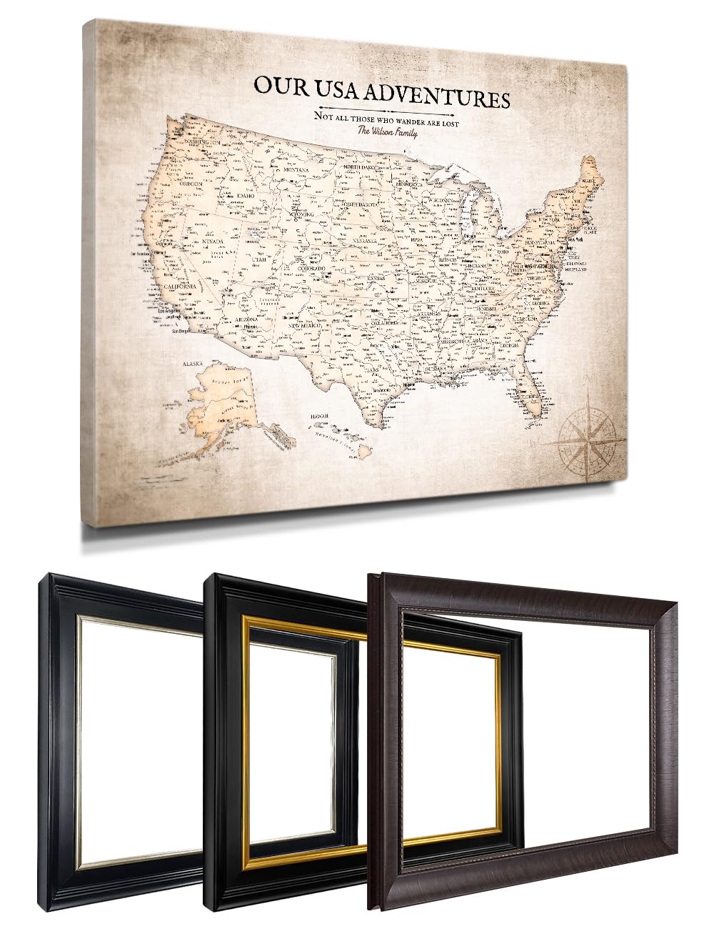 IPIC Personalized Vintage Framed USA Map Pin Board, Image Size 30x24 in