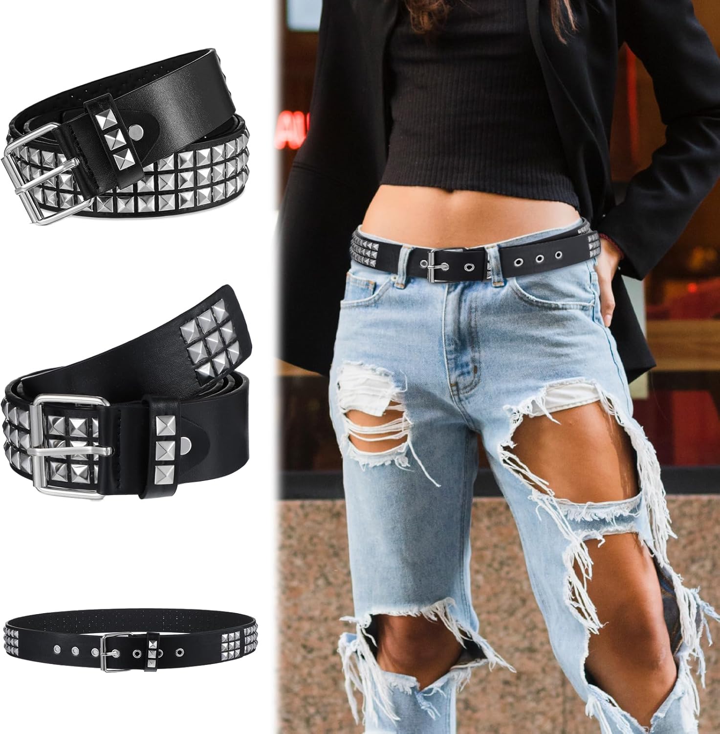 1 PCS Studded Belt, Black Goth Belts for Women Y2K Belts with Bright Metal Pyramid Fashion Punk Rock Gothic Belt Accessories for Men Jeans Dress Pants (Black) - Image 6