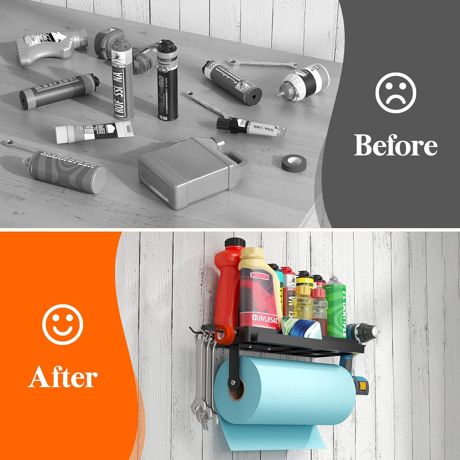 Lifewit Garage Paper Towel Holder with Shelf, Shop Towel Holder, Wall Mount Tool Rack with 4 Hooks&Phone Stand, Stick on Adhesive (Hold 19lbs) or Screws(44lbs) for Clean Station/Craft Room,2Pack,Black