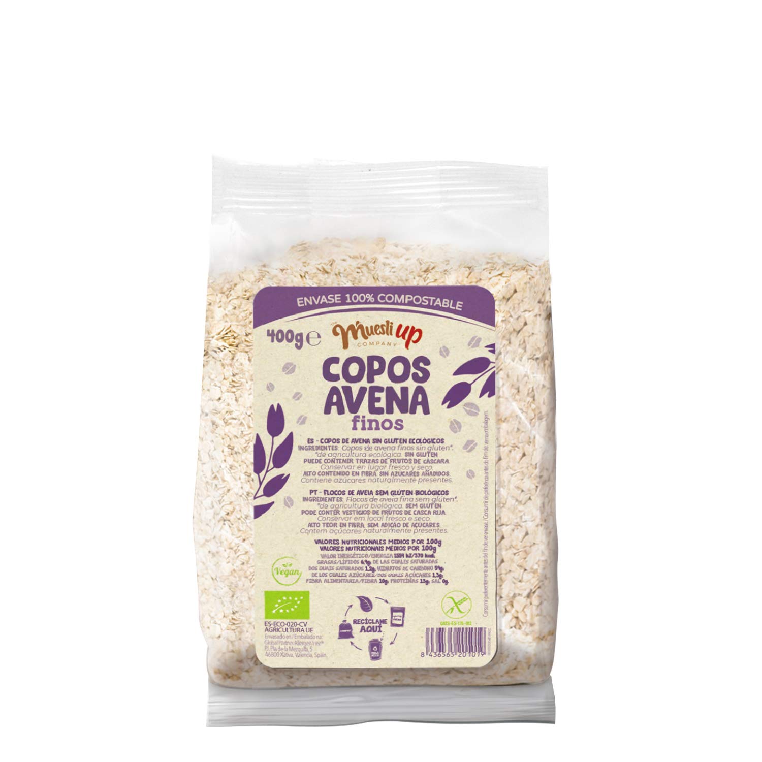 Copos de avena finos gluten free BIO - Muesli Up - 400gr (Cja 6 uds) Total: 2400g