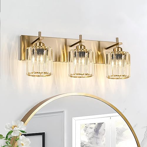 Modernas luces de cristal para tocador de baño, 3 luces doradas, lámparas de baño sobre espejo, iluminación de pared de cristal con acabado de latón