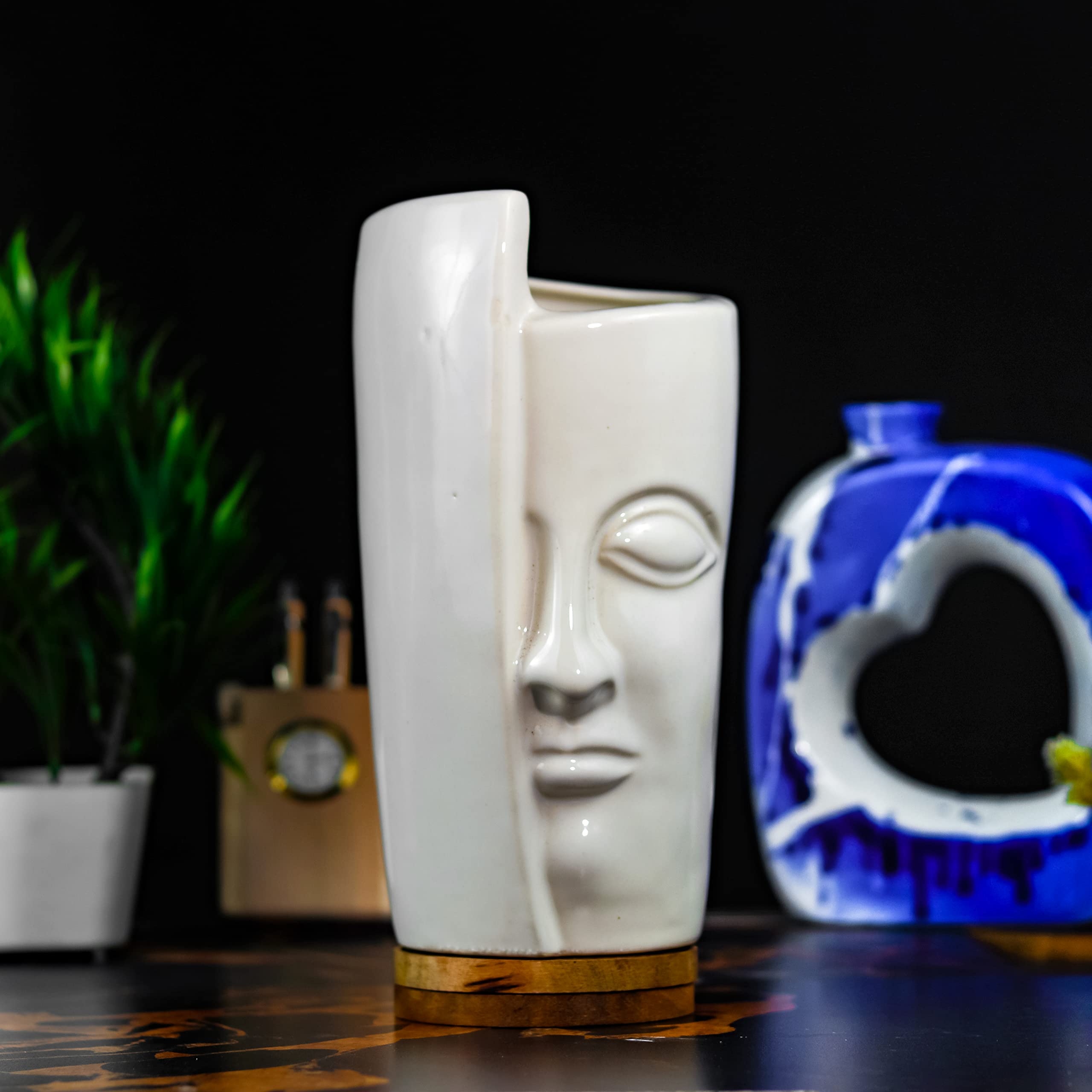 Kaolinite Premium Half Shape Face Ceramic Vase | Handpainted Showpiece | Decorative Flower & Pampas Grass Vase | Height 11 Inches