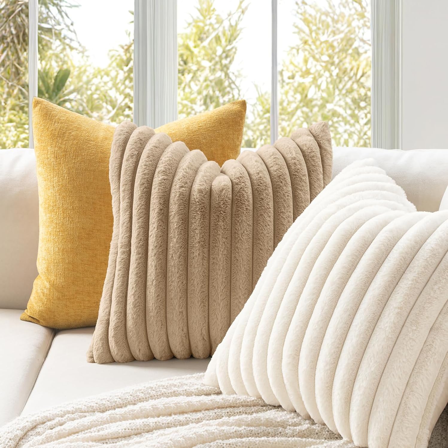 MIULEE Faux Fur Decorative Throw Pillow Covers 18x18 Inch Set of 2, Modern Spring Home Decor Soft Plush Couch Pillows Cozy Fluffy Cushion Covers for Sofa Bed Beige