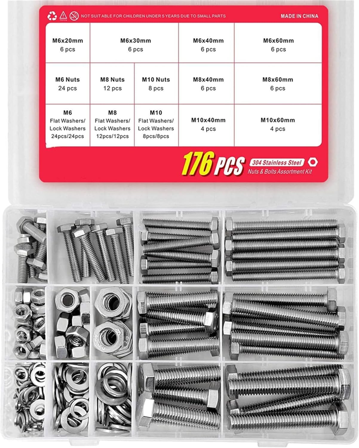 176PCS Heavy Duty Bolts and Nuts Assortment Kit, 304 Stainless Steel, M6 M8 M10 Hex Head Bolt with Nut and Flat Spring Washer