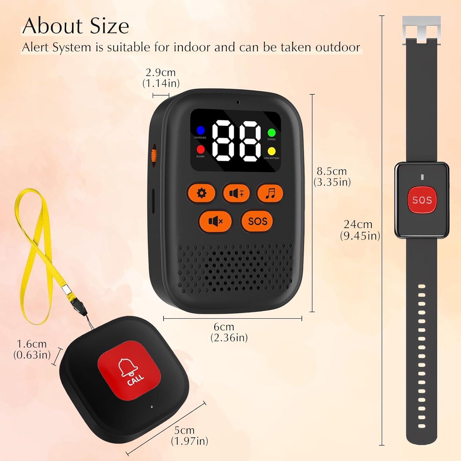 Dimensions of the Chatthen Caregiver Call Button System receiver and SOS button