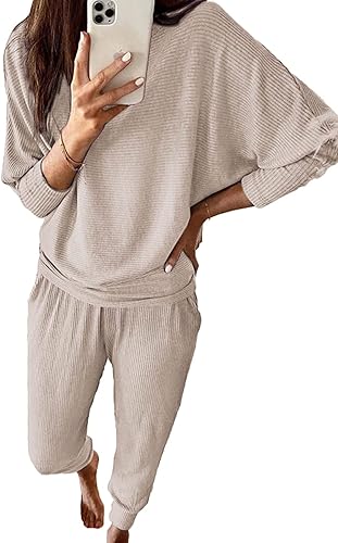 PRETTYGARDEN Women's Fall 2 Piece Lounge Set Long Sleeve Tops Ribbed Pants Spring Matching Sweatsuit Travel Outfits Clothes