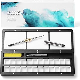 Fuumuui Watercolor Palette Box, Black Wood Palette Kit with Cover, 24 Empty Removable Half-pan Grids, Dual Tip Travel Brushes, for Watercolor Gouache Color Mixing, Pure White Palette