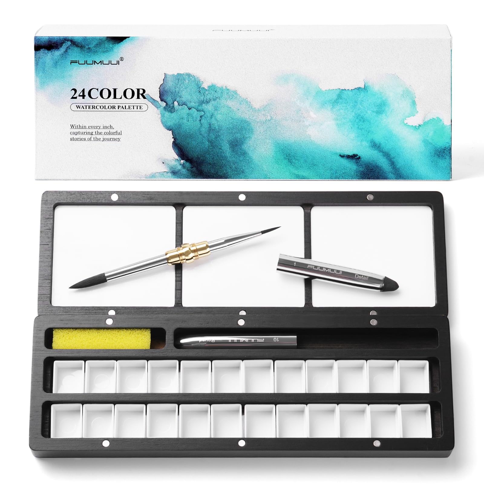 Fuumuui Black Wood Watercolor Palette Set, Magnetic Paint Box with 24 Half-Pans, Detachable Lid with 3 Mixing Areas, Sponge & Dual-Tip Travel Brush – Empty Artist Paint Case