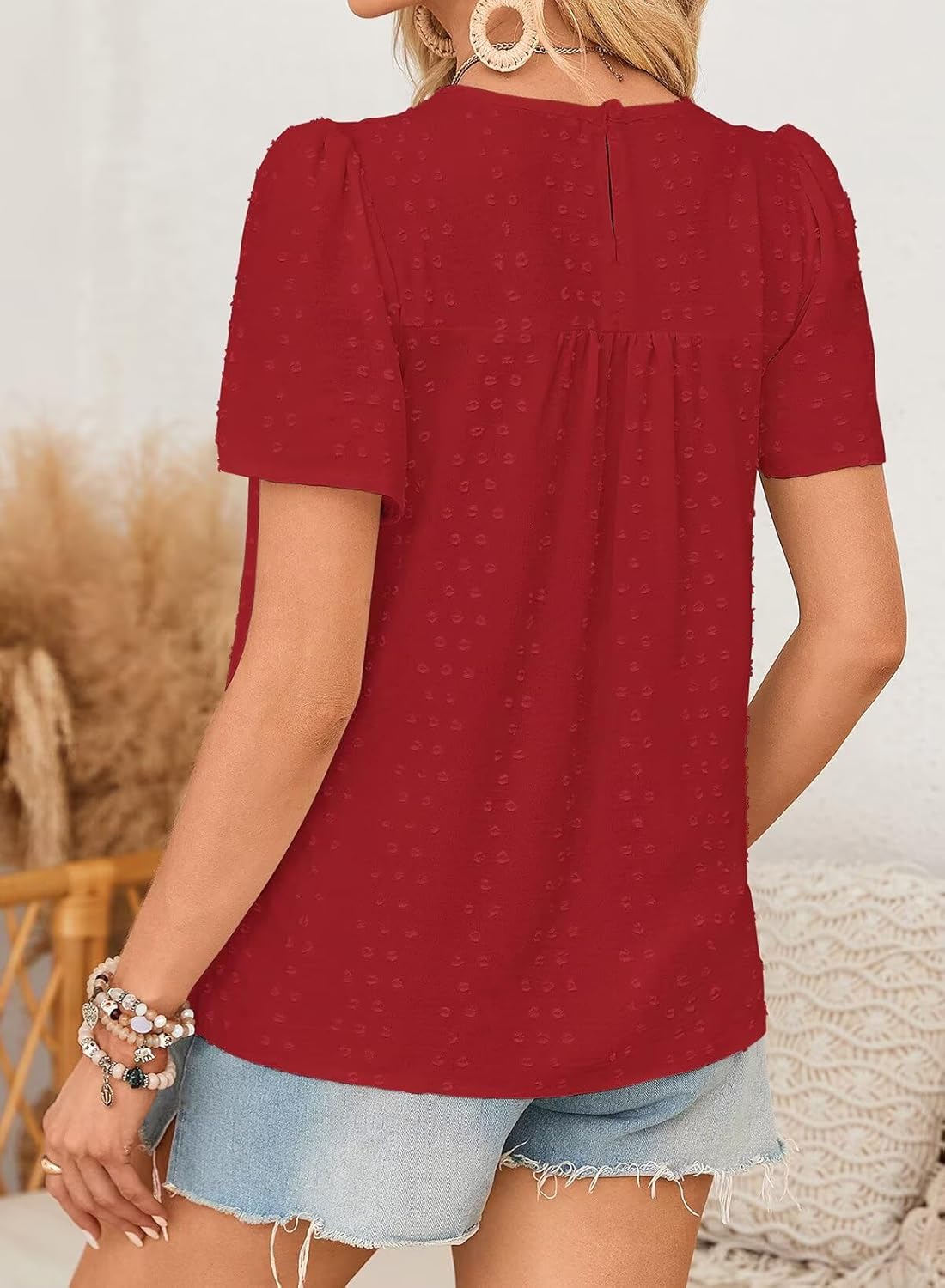 Womens Summer Tops Boho Crewneck Short Sleeve Shirts Floral Crochet Chiffon Blouses Flowy Casual Swiss Dot Clothing - Image 4