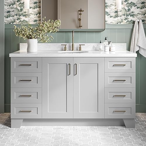 DKB Emilia 61" Grey Bathroom Vanity with 1.5" Edge Italian Carrara Marble Countertop, Center Oval Sink, 2 Soft Closing Doors, 9 Full Extension Dovetail Drawers