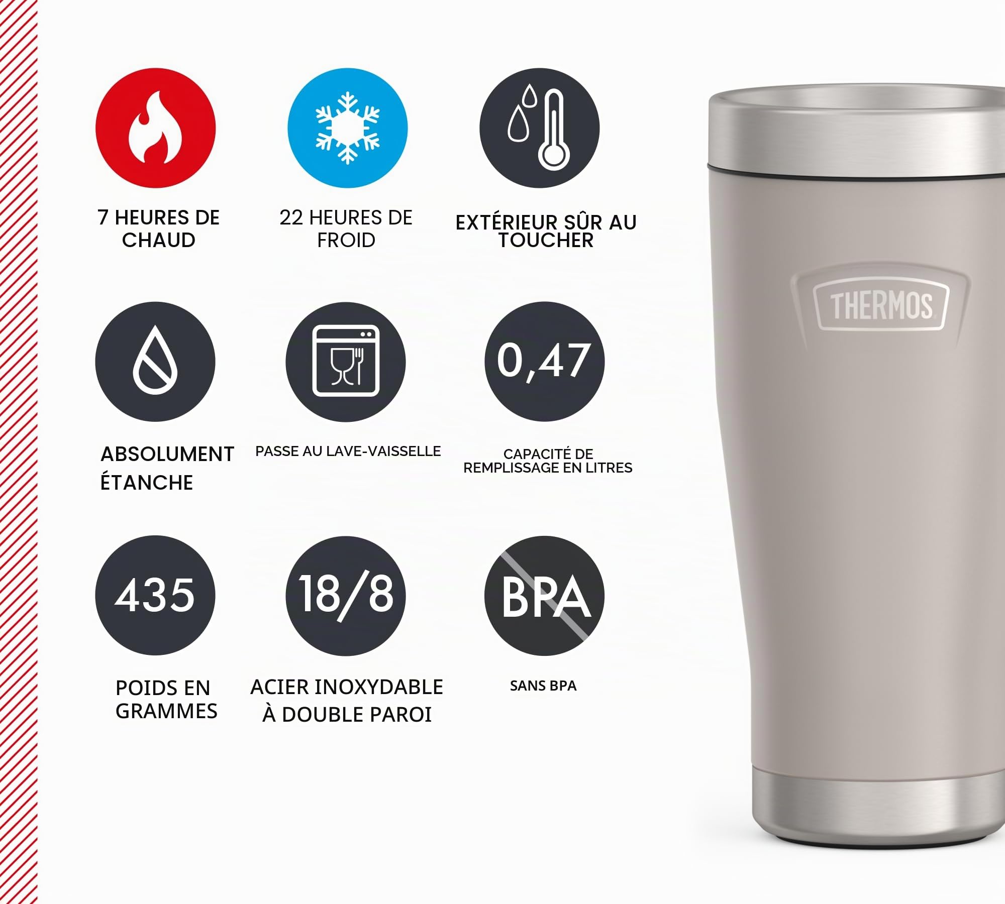 Thermos Icon MUG 0,47 l, beige/grès mat, gobelet isotherme, 470 ml, en acier inoxydable, 7 h chaud/22 h froid, passe au lave-vaisselle, entièrement étanche, sans BPA