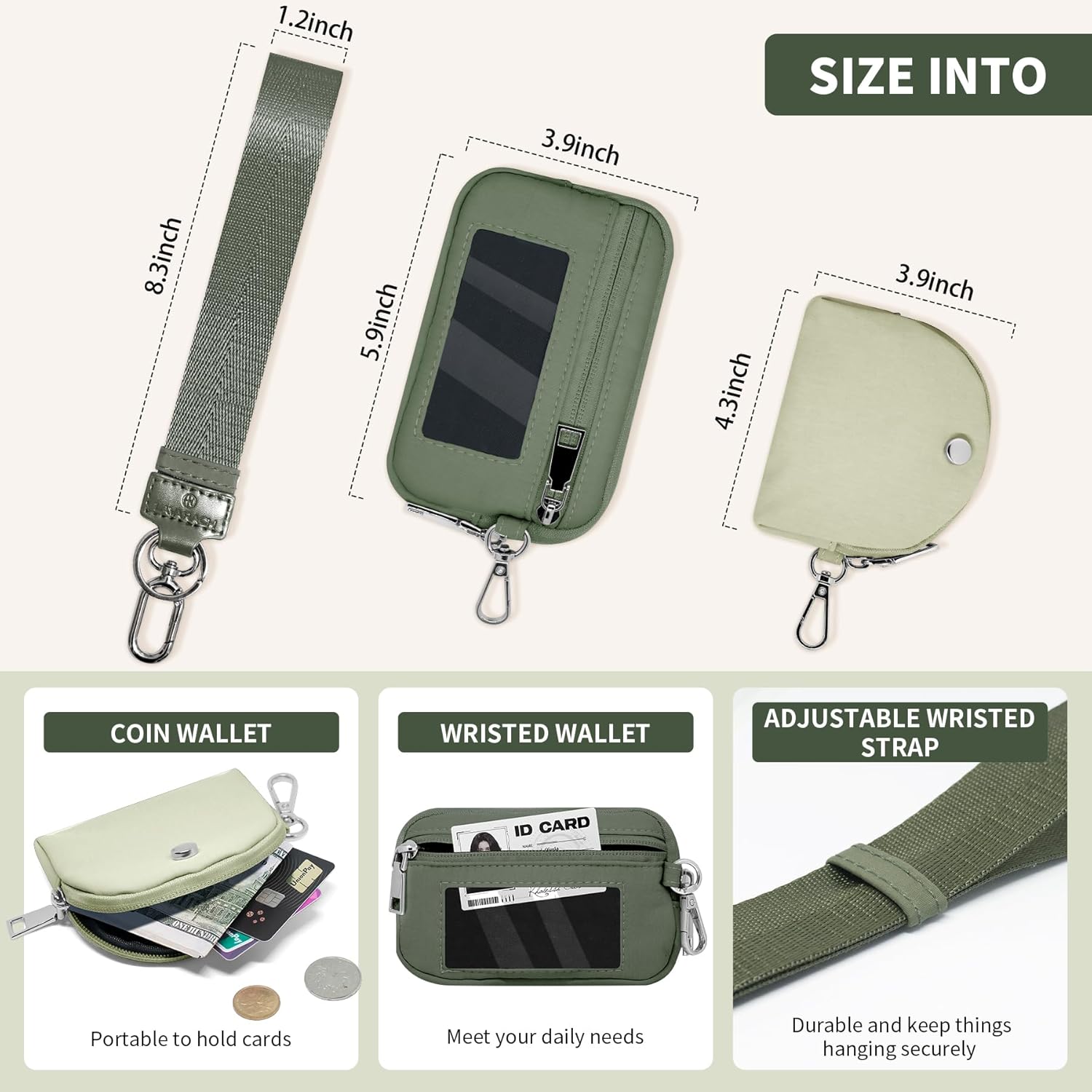 Keychain Wristlet Wallet for Women Zippered Dual Pouch Wristlet Nylon Coin Purse Small Wallet with Key Ring - Image 3