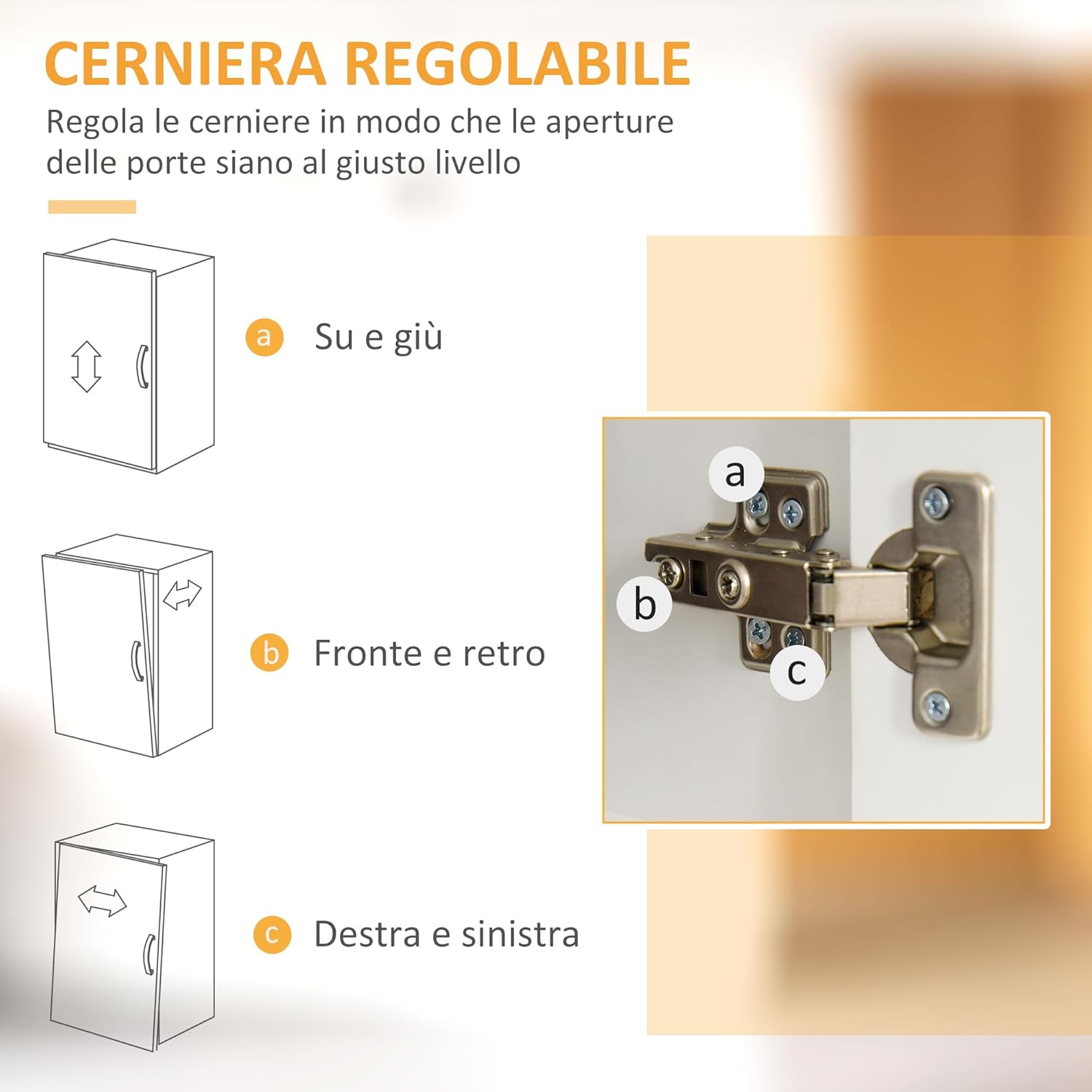 Diagram illustrating how to adjust cabinet door hinges for vertical, horizontal, and depth alignment.