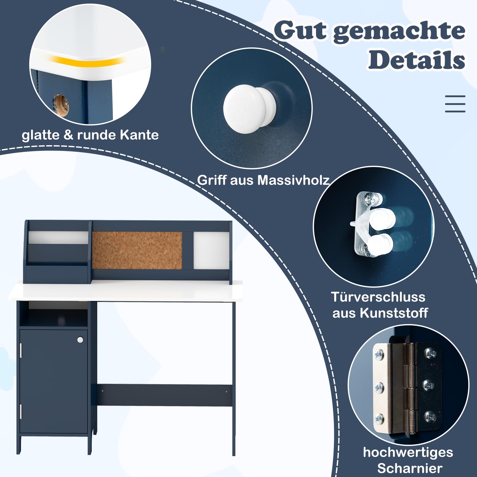 COSTWAY Kinderschreibtisch Set, Schreibtisch Kinder mit Stuhl aus Holz, Schülerschreibtisch mit Bücherregal, Schrank & Pinnwand, Jugendschreibtisch für Kinder ab 3 Jahren (Blau)