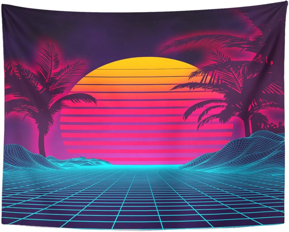 TOMPOP Tapestry Retro Futuristic Neon Landscape 1980S Digital Cyber 80S Party Sci Neon Home Decor Wall Hanging for Living Room Bedroom Dorm 60x80 Inches