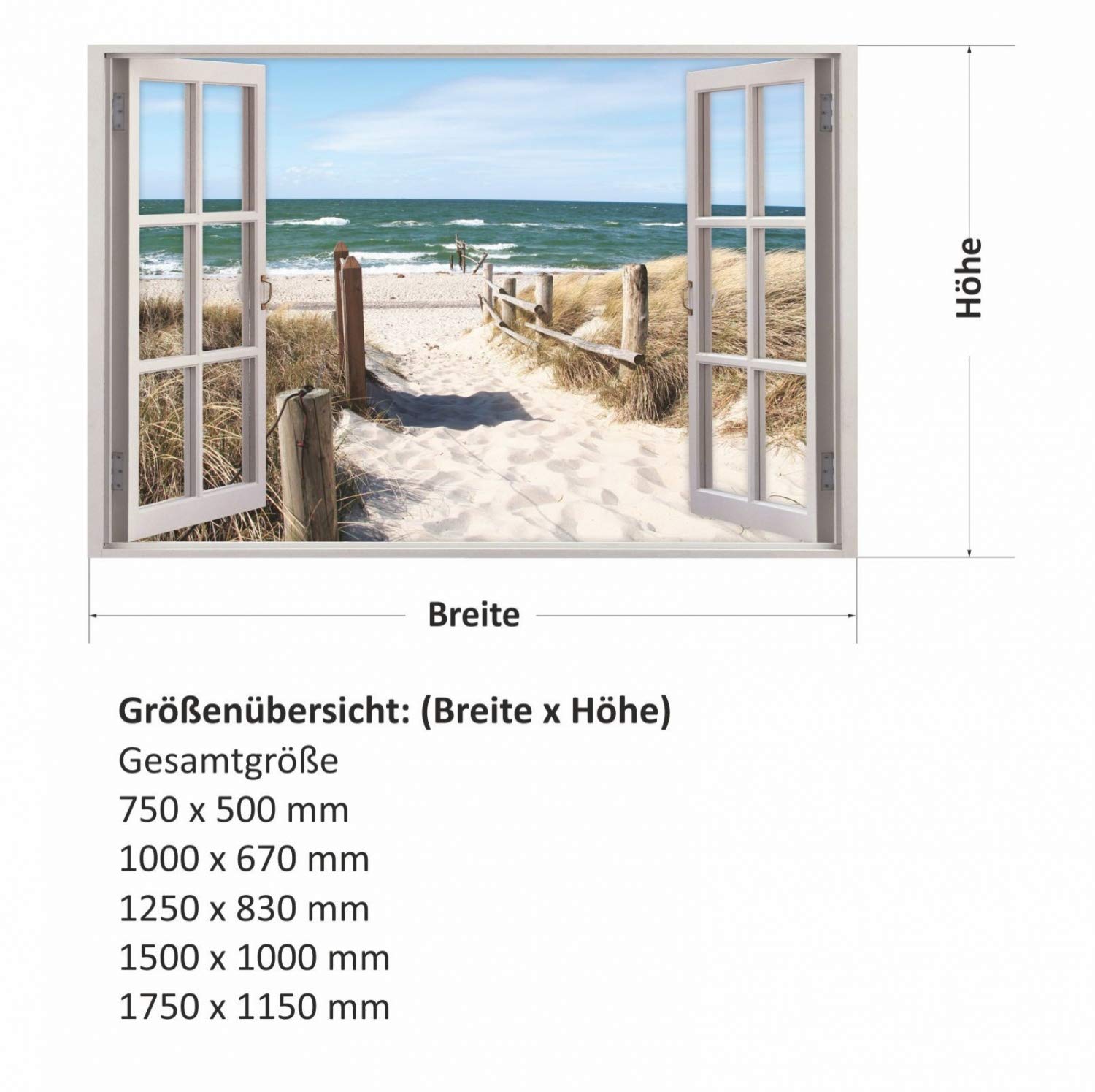 156 Wandtattoo Fenster - Weg zum Ostseestrand - in 5 Größen - Sand Meer Wandbild Wanddeko Maritim - Größe 1750 x 1150 mm
