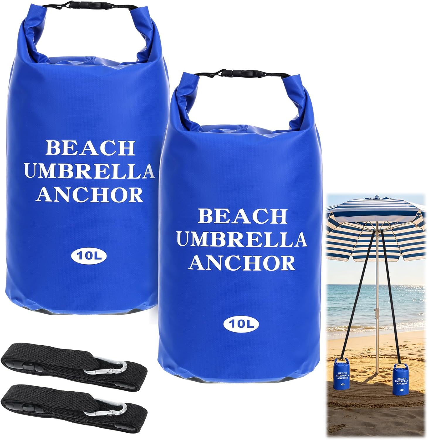 2 Pack 10L Beach Umbrella Weight Sand Bags 500D PVC Heavy Duty Sun Umbrella Sand Anchor Portable Fillable Summer Sunshade Canopy Tent Sandbag Stand Holder for Outdoor High Wind Resistant