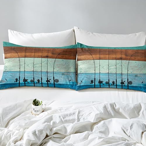 Miniatura 4 de Funda de edredón de pesca tamaño Queen, funda de edredón de caña de pescar, regalos de pesca para hombres, juego de ropa de cama vintage de madera