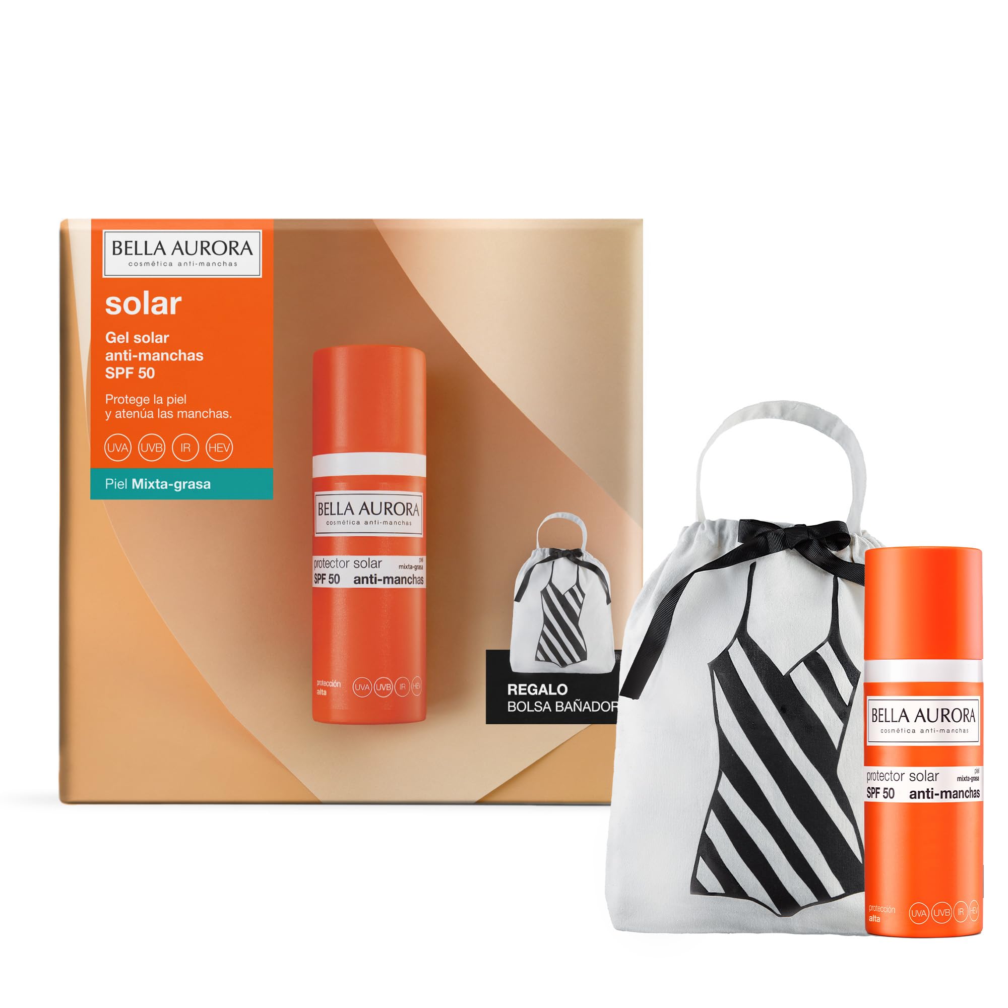BELLA AURORA - Pack Protector Solar SPF 50+ 50 ml + Bolsa de Regalo, para Piel Mixta-Grasa, Crema Solar, Facial Antimanchas, Crema Protectora Solar, Bloqueador Solar, Absorción Rápida, Calma la Piel