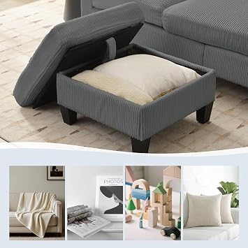 2 Piece Sofa Sets, Corduroy Fabric 3 Seater Sofa with Storage Ottoman and Armchair Sets, Modern L Shaped Sectional Couch + Single Chair Sofa Sets for Living Room, Apartment, Gery