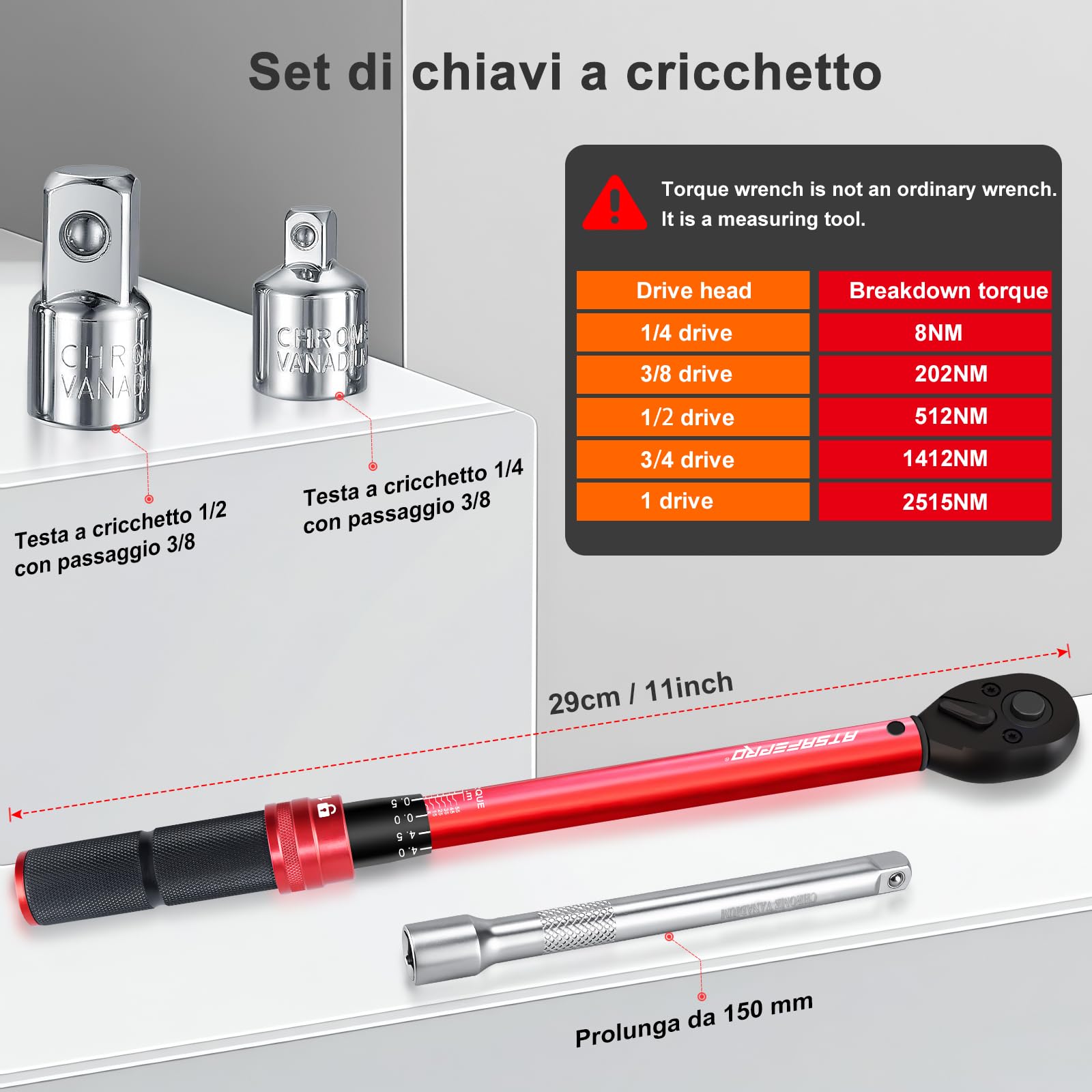 ATsafepro Chiave Dinamometrica 3/8",5-60 nm Chiave Dinamometrica con Adattatore 3/8" A 1/4"&1/2" E Prolunga da 15 cm,Precisione ±3%,Testina A Cricchetto Reversibile,per Auto,Bici,Moto