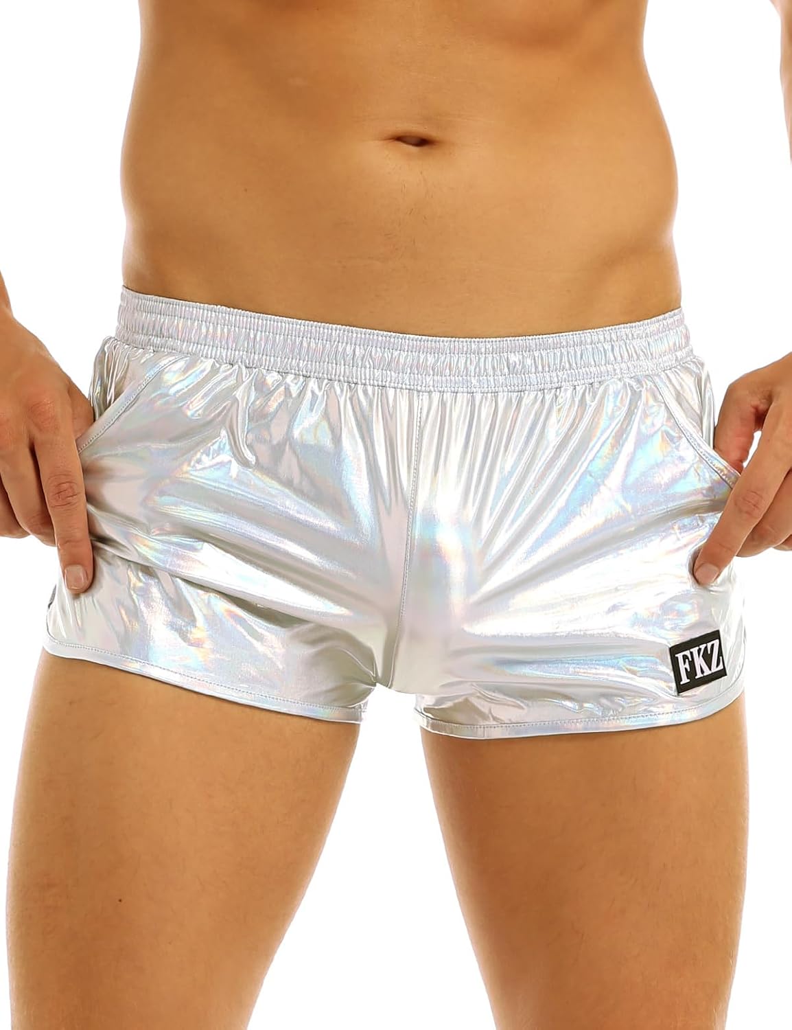 inlzdz Mens Holographic Shiny Metallic Low Rise Boxer Shorts Underpants Underwear Stretch Swim Trunks Swimsuit