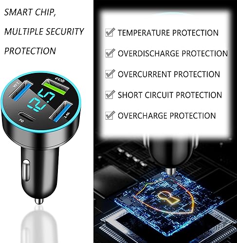 Miniatura 3 de Cargador de coche USB de 4 puertos, adaptador de carga rápida para encendedor de cigarrillos, cargador USB con LED azul, puertos 2.4A+PD+QC3.0,