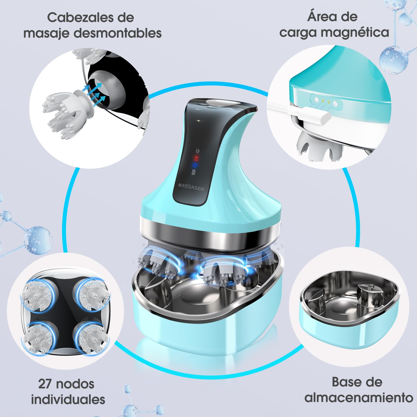 Masajeador de cuero cabelludo eléctrico 4D, masajeador de cuello y hombros con 108 nudos de amasado, masajeador corporal inalámbrico para piernas y espalda, IPX7 resistente al agua, 4 modos
