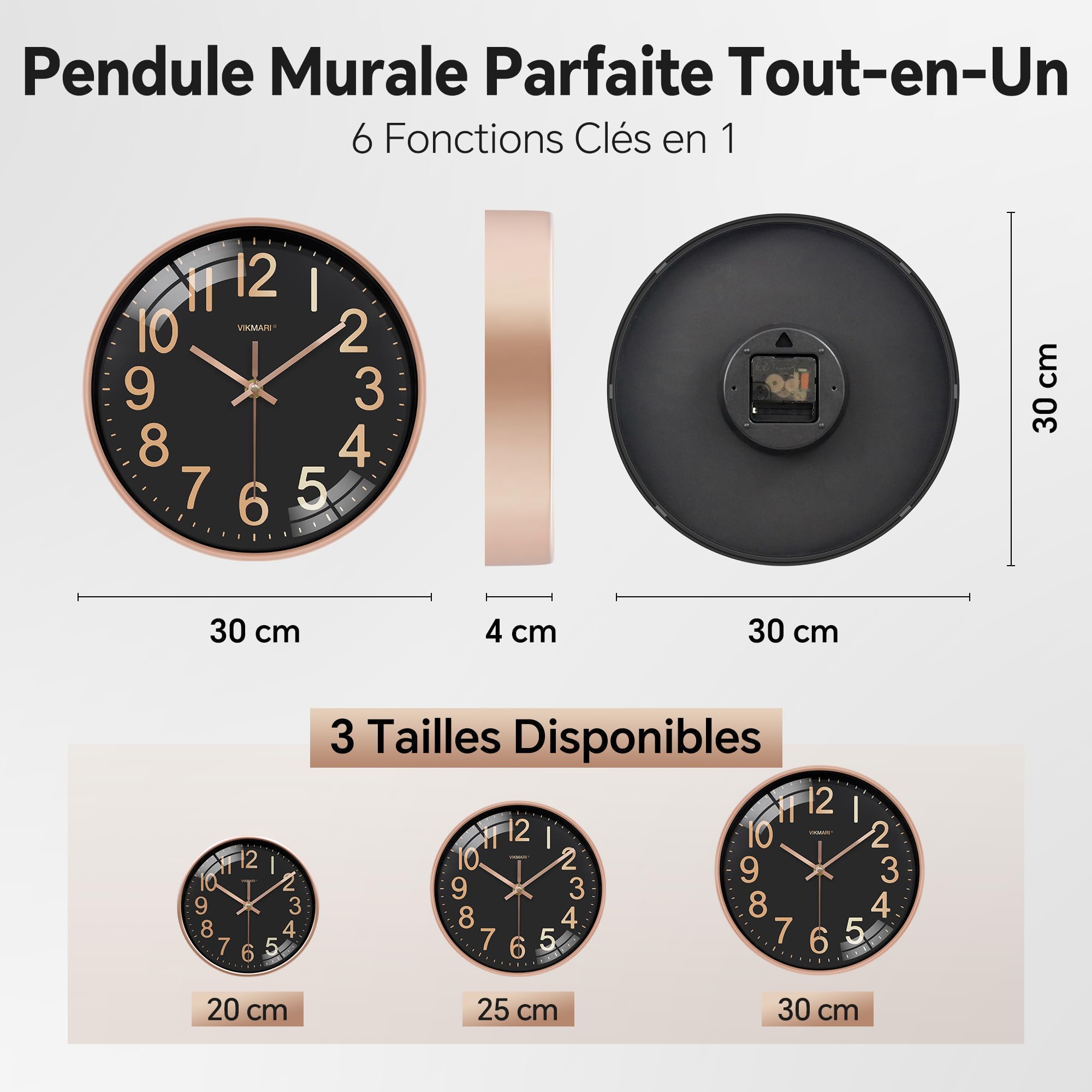 VIKMARI Horloge Murale 30 cm Silencieuse Noir et Doré - Pendule Murale Quartz pour Salon Bureau