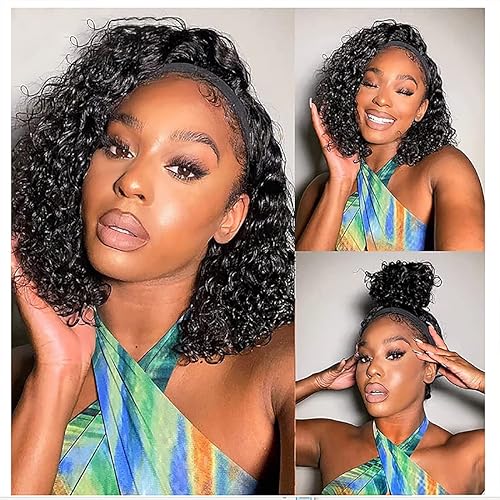 Miniatura 2 de Peluca de cabello humano ondulado profundo con diadema de 12 pulgadas para mujeres negras, sin pegamento, sin encaje frontal, peluca de cabello