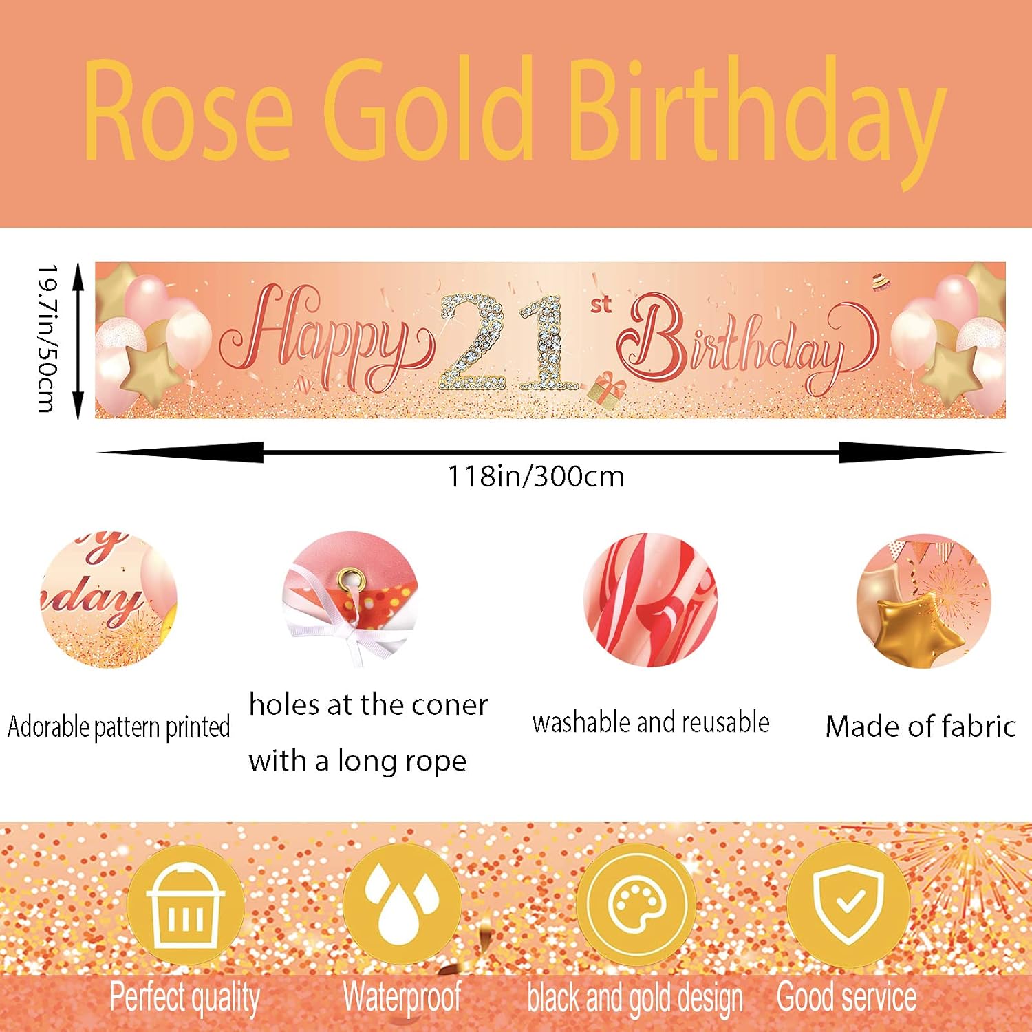 Happy 21st Birthday Banner,21st Birthday Decoration Rose Gold,Party Backdrop Banner Fabric Banner.for Girls Boy 21stBirthday Photo Backdrop,Photography Background,Outdoor Yard Garden Table Wall Decor - Image 3
