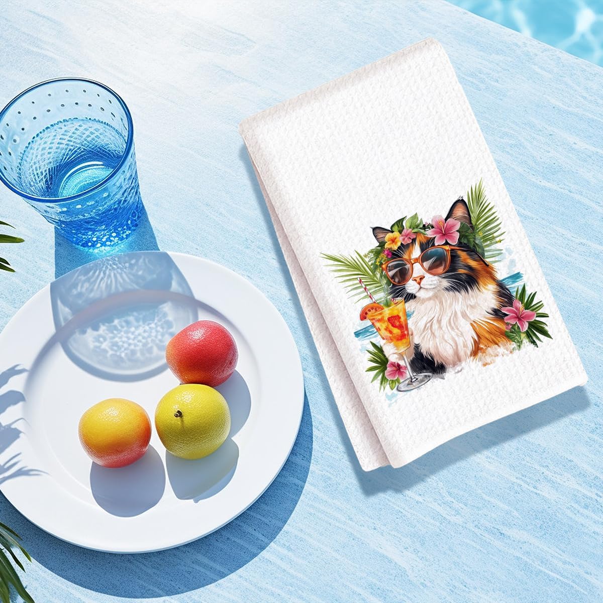 Summer Cat Kitchen Towels, Calico Cat Kitchen Towels, Calico Cats Gifts, Gifts for Cats Lovers, Funny Summer Vacation Hand Towel for Holiday Home Bar Bathroom Decor 14x24 Inch image 4